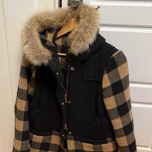 Woolrich women’s jacket with real fur trim hood. Tan and charcoal grey plaid.